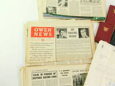 BRM interest, including two letters of Appointment dated 1966., a 1969 Gold Leaf Team Lotus Racing calendar., editions of Owen News., Owen pocket diaries 1965-70., press cuttings., an Owen Organisation BRM transfer., autograph album with signatures includ - 2