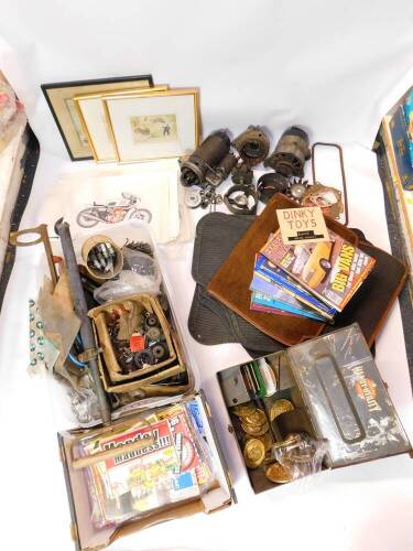 Mixes motoring interest, including a Handy-Utilty metal toolbox., Renault Formula 1 laminated poster., Heckington Show brass steam tractor badges., a pair of Slievemanon brass motorcycle medals., Sunbeam Motorcycle Club Pioneer Run brass badges., Lucas st