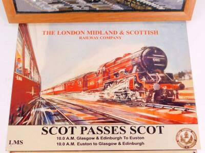 A railway signalling works supervisor's door plate., London, Midland and Scottish Railway Company replica enamel sign, Scot Passes Scot, 10am Glasgow and Edinburgh to Euston/Euston to Glasgow and Edinburgh, 29.5cm high. 40cm wide., and a framed wool work - 3