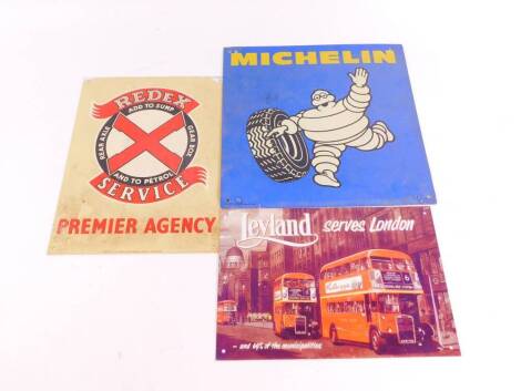 A Michelin enameled metal sign, G A Shanklin Limited 1979, 30.5cm high, 30.5cm wide., Redex Service Premier Agency sign, 30.5cm high, 23cm wide., and a replica Leyland Serves London, and 69% of Municipalities sign, 20cm high, 29.5cm wide. (3)