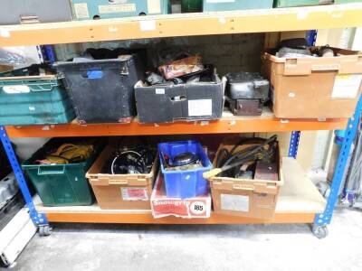 Assorted car and engine parts, tools, battery charger, snow grips, etc. (a quantity)