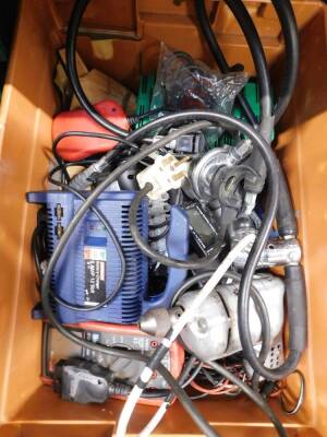 Assorted car and engine parts, tools, battery charger, snow grips, etc. (a quantity) - 14