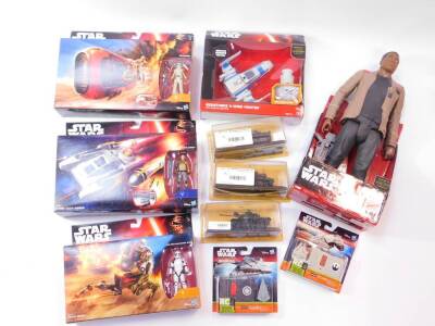 Hasbro Star Wars figures, comprising Finn., Rey's Speeder (Jakku)., Y-Wing Scout Bomber., Assault Walker., Resistance X-Wing Fighter, with wireless remote control., Micro Machines Millennium Falcon and Star Destroyer, all boxed., together with Haddon & Ja