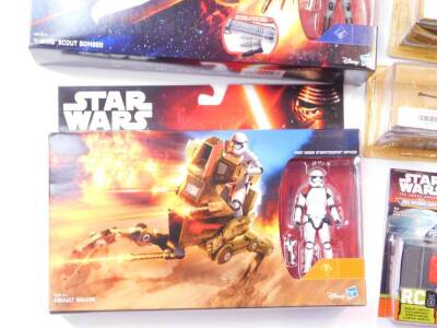 Hasbro Star Wars figures, comprising Finn., Rey's Speeder (Jakku)., Y-Wing Scout Bomber., Assault Walker., Resistance X-Wing Fighter, with wireless remote control., Micro Machines Millennium Falcon and Star Destroyer, all boxed., together with Haddon & Ja - 3