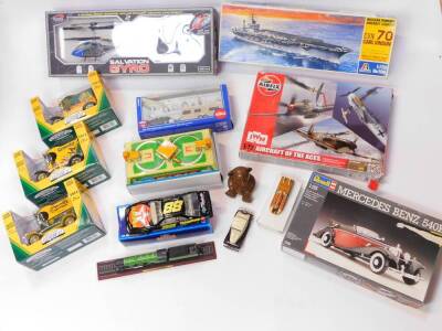 Three Crayola Goodyear Collector Series coin banks, a Bladez Toys Salvation Gyro., Italeri Nuclear Powered Aircraft Carrier CVN70 Carl Vinson., Siku Super Car with Caravan., and further toys and kits. (a quantity)