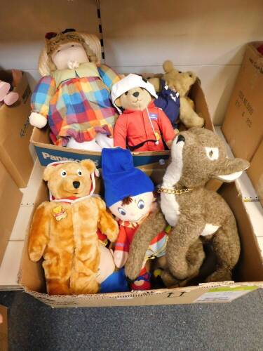 Teddies and soft toys, to include Noddy., Rupert The Bear., Super Ted., and Paddington Bear. (2 boxes)