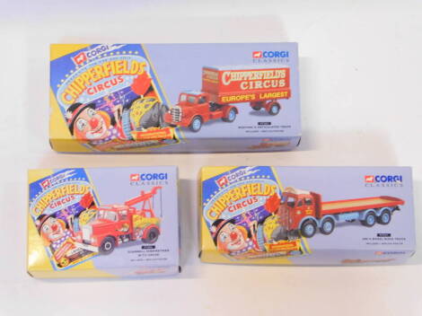 Three Corgi Classics die cast Chipperfield's Circus vehicles, comprising Bedford O articulated truck, 97303., ERF eight wheel rigid truck, 97957., and a Scammell Highwayman crane, 97886., all boxed. (3)