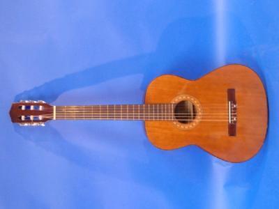 An acoustic guitar with simulated Tunbridge ware type decoration