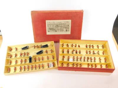 Britains 155 The Changing of the Guard at Buckingham Palace, a collection of painted lead soldiers of the Coldstream guards band and marching guard, Scott's guards, four sentry boxes, in original two tier illustrated labelled display box, one sentry box a