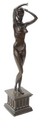 Tom Merrifield (b.1932). A figure of a nude female dancer, on a square plinth decorated with flutes and leaves, signed and dated 1997, limited edition no. 5 of 9 castings, bronze, 73cm high.