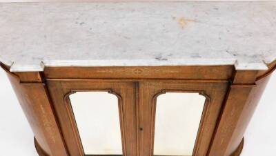 An early 19thC burr walnut and marquetry marble top side cabinet, the grey marble top above pillars and moulded sides, with two glazed doors, on a plinth base, 74cm high, 112cm wide, 36cm deep. - 2