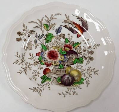 A Royal Doulton Hampshire pattern part dinner service, no. D6141, with decoration of a fruit bowl and flowers, comprising a set of four graduated meat plates, two gravy boats, two tureens and lids, twelve dinner plates, twelve side plates and twelve bread - 2