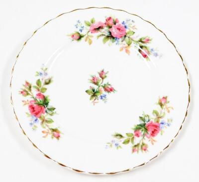 A Royal Albert Moss Rose pattern part tea and dinner service, comprising six cups and saucers, six coffee cups and saucers, sugar bowl, gravy boat and plate, open vegetable lid, six side plates, nine side bowls, cake plate, platter, seven dinner plates an - 2