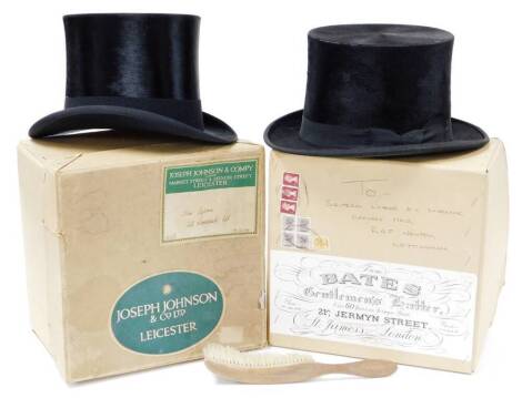 A small sized top hat, with Scott & Co stamp, in black, 14cm high interior dimensions approx 16cm x 20cm, card Joseph Johnson Leicester box and a further top hat, with Pratt stamp, in card packaging, handwritten to Squadron Leader D.C. Shubrook. (2)