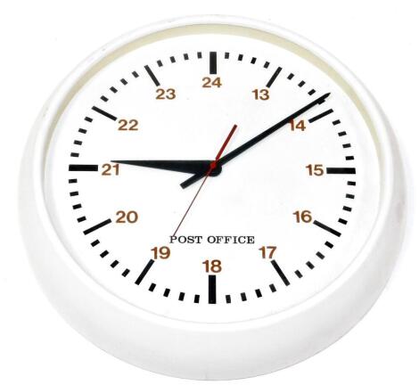 A retro Post Office wall clock, of circular form, with Arabic and baton numerals in black and red, on white ground, in plain case, numbered 110 with SSW/78 label 35cm diameter.