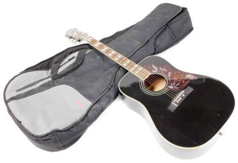 An Epiphone Hummingbird acoustic guitar, with six chrome plated tuning pegs, mother of pearl inset fret board and in black colour way, 110cm wide, in canvas case.