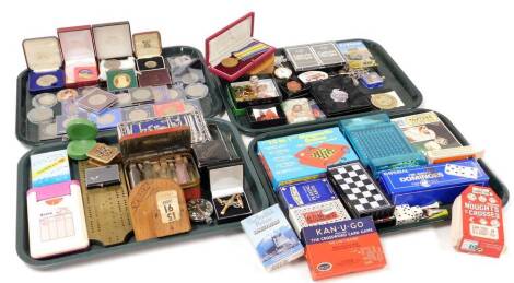 Vintage Carr's biscuit tin, and a quantity of miniature glass bottles, various commemorative coins, York oak desk calendar, pin badges to include poppy's, Smith's pocket watch, various playing cards, etc. (a quantity)