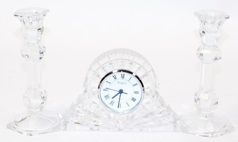 A late 20thC Waterford crystal mantel clock, Napoleon hat type with 7cm