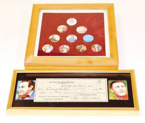 Various Jim Reeves framed badges, 3cm diameter, and a Jim Reeves Enterprises framed cheque with printed signature. (2)