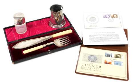 A collection of silver and silver plated wares, comprising a silver topped jar, London Assay 1894 (AF), bearing the initials EMW, together with a silver plated tankard lacking handle, cased dish servers, Royal Wedding 14th November 1973 first day covers, 