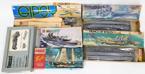 Various Airfix and other models, comprising an Airfix HMS Warspite, a frog firefly sailing dingy, a fine cast historic cars 1928 Bentley Le Mans, a Revell Duke of York ship model, a Revell HMS Prince of Wales and a Gipsy Keil Kraft aeroplane. (6)