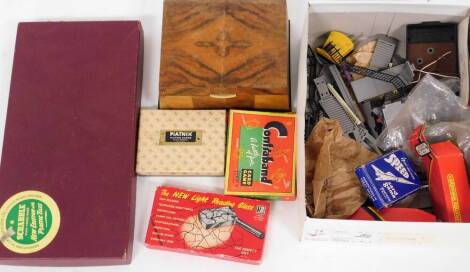 A group of board games and train parts, to include Hornby Railways R201 signal kit, Hornby R394 hydraulic buffer stop, various loose pieces of railway, Contraband card game, The New Light Reading Glass Game, Scrabble new edition, Piatnik playing card set,