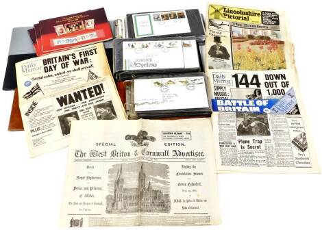 Various newspaper related ephemera, etc., Britain's first day of war reproduction Daily Mirror, various other souvenir reprints, newspapers, First Day covers, 1983, British River Fishes, The Royal Mail, Urban Renewal, Heraldry, other 1980's, etc. (a quant