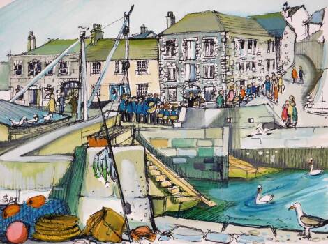 Joy Stokes (20thC). Harbour scene, figures in a band before buildings, artist signed limited edition print, no. 5/24, signed and dated (19)87, 25cm x 34cm.