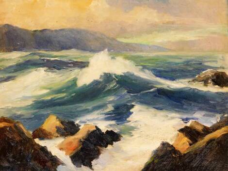 An early 20thC English School. Seascape, crashing waves before cliffs with clouds gathering, oil on canvas, unsigned, 35cm x 45cm.