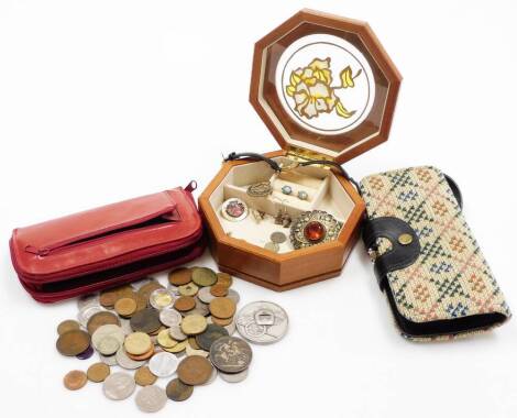 Various coins, comprising a purse containing late medallion, low denomination GB coins, etc., jewellery box containing wristwatch, brooch, etc. (a quantity)