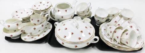 A Harleigh bone china part tea service, depicting roses, to include, cups, saucers, gravy boat, teapot, side plates, tureen, etc. (3 trays) N.B. This lot is sold on behalf of the Rotary Club of Grantham.