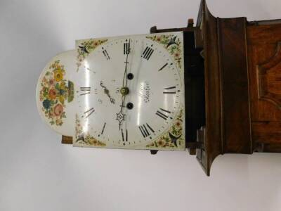 A late 18thC/ early 19thC longcase clock, the arched dial painted with flowers and birds indistinctly named for a Sleaford maker, with an eight day four pillar movement, in an oak and mahogany crossbanded case, 210cm high overall, (AF). - 2