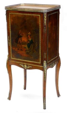 A late 19th/early 20thC French mahogany music cabinet, with a raised pierced gallery above a Vernis Martin decorated door, flanked by canted sides, with gilt metal mounts on cabriole legs, 101cm high, 47cm wide.