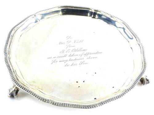 A George VI Mappin and Webb silver card tray or waiter, with a gadrooned and moulded, engraved centrally to Mr F. Nott from J.E. Oldham as a small token of appreciation for many kindness to his son, Sheffield 1947, 4¾ oz, 15cm diameter.