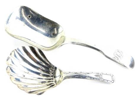 A Victorian silver fiddle pattern caddy spoon, London 1850, and another earlier example, marks indistinct, ¾oz overall.