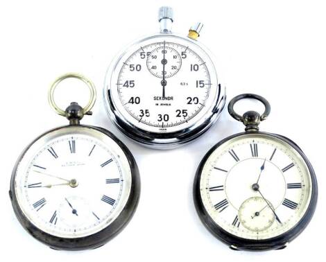 A late Victorian silver pocket watch, with Waltham movement, Birmingham 1897, and another American pocket watch with a silver case, Birmingham 1885, and a Sekonda chrome plated stopwatch, (3).