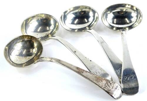 A set of four Victorian silver Old English pattern ladles, each engraved with initials C.J.R., Exeter 1854, by Edwin Sweet, 10oz.