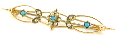 A Victorian bar brooch, set with seed pearl and turquoise, on a yellow metal frame, marked C&W 9ct, on stainless steel single pin back, 5cm wide, 2.1g all in.