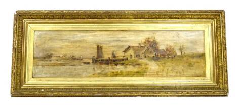 Late 19th/early 20thC School. Cottage Beside a River, oil on canvas, in gilt frame, 18cm x 70cm.