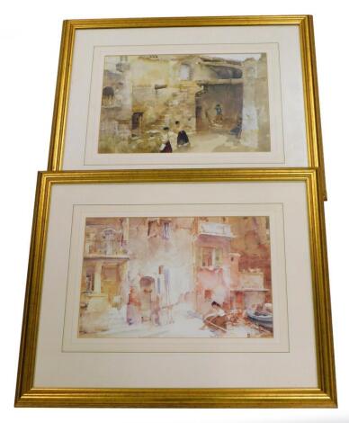 After Sir William Russell Flint. Figures in Italianate scenes, coloured prints, a pair 24cm x 35cm.