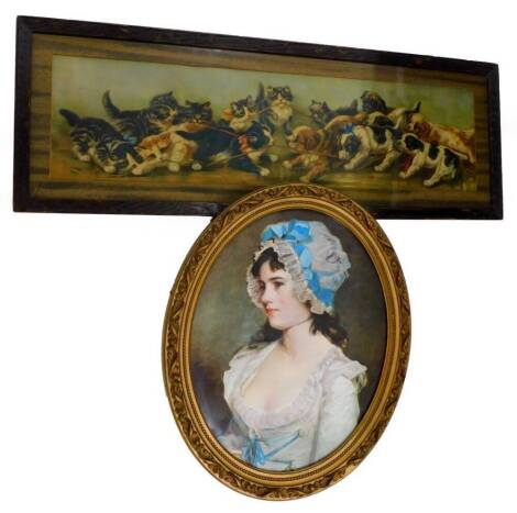 A late 19thC School Puppies and Kittens playing chromolithograph, 22cm high, 87cm wide and printed portrait of a Mrs Williams after Hoppner, in gilt oval frame.