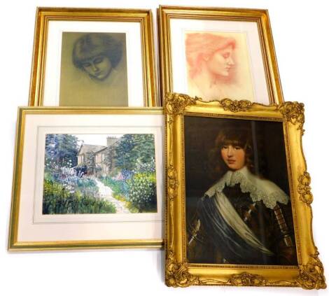 J Paige. Country house garden, watercolour, indistinctly signed, two Burne-Jones prints, and a portrait print in a gilt frame (4).