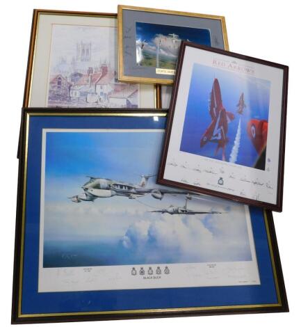 After KC Kaye. Black Buck, limited edition signed print of a Vulcan B2, number 39 of 607, prints of the RAF Aerobatic team The Red Arrows, 2003, another signed aerobatic print, and a print of the Old Adam and Eve in Lincoln, signed by William Page. (4)