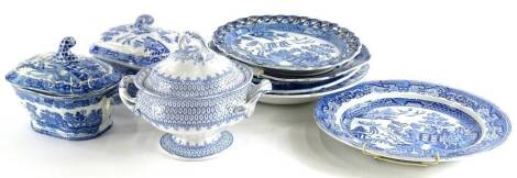 A collection of 19thC and later blue printed pottery, to include three tureens and covers, a rectangular plate with pierced border, etc., (AF).