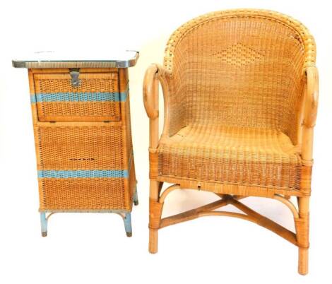 A woven rattan armchair, with bentwood arms, etc., and an Art Deco woven rattan occasional table/ linen basket with blue stripped decoration, chrome fittings and a glass top, 43cm wide.