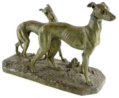 After J. Merculiano. Two greyhounds, bronze with verdigris finish, 40cm high, 60cm wide.