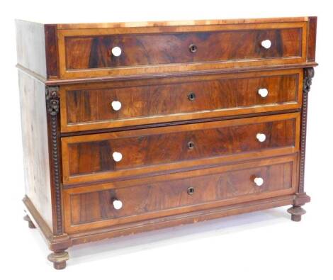 A 19thC continental walnut secretaire chest, with a fitted frieze drawer inlaid with a chequered design and stringing coloured in stained timbers, above three further drawers each with ceramic handles on bun feet, lacking marble top, 102cm high, 127cm wid