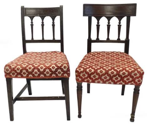 A pair of 19thC mahogany dining chairs, each with a rectangular back with arched shaped supports, a padded seat, on square tapering legs with H stretcher, (AF).