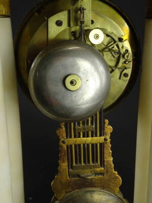 A 19thC French white alabaster and gilt metal portico shaped mantel clock, signed Stevenard, Boulogne-sur-Mer, the top with a dentil cornice and a mount cast with leaves, urns, etc above a silvered dial with Roman numerals supported by four turned columns - 3