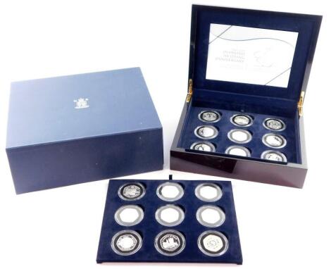 A Royal Mint Diamond Wedding Anniversary Silver Proof Coin Collection, H M The Queen and HRH Prince Philip, eighteen crowns in two trays, cased and boxed, with certificate.